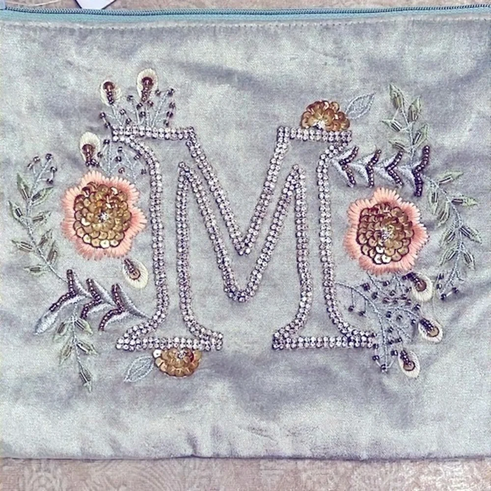 Brand New Set of Velvet Beaded Monogram M Zippered Pouch & Glitter Card Key Case